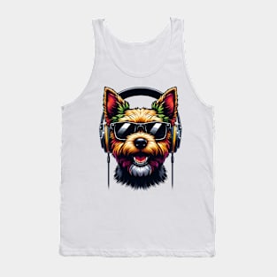 Norwich Terrier as Smiling DJ with Headphones and Sunglasses Tank Top